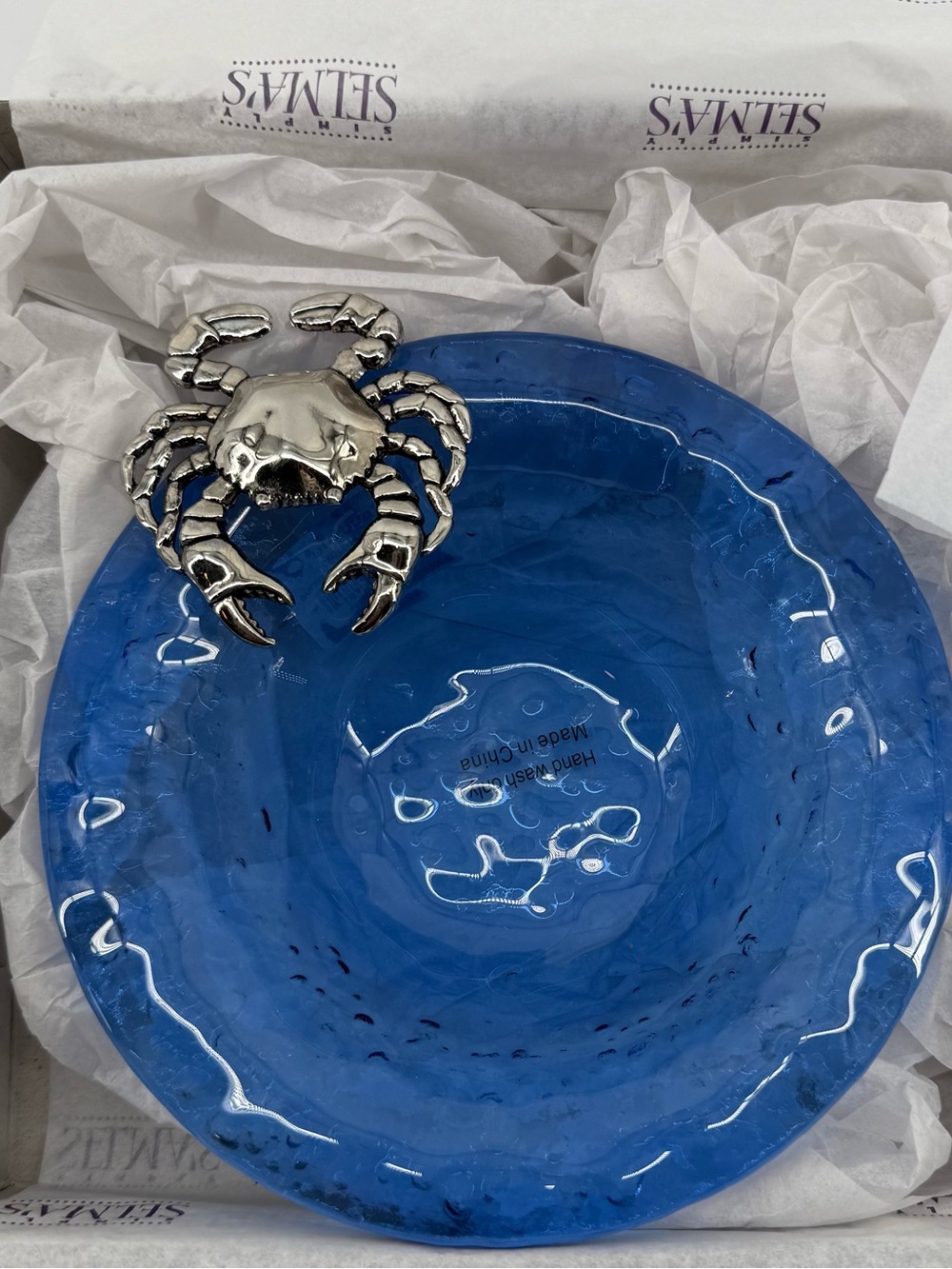 Mud Pie Blue Glass Bowl with Silver Crab Accent